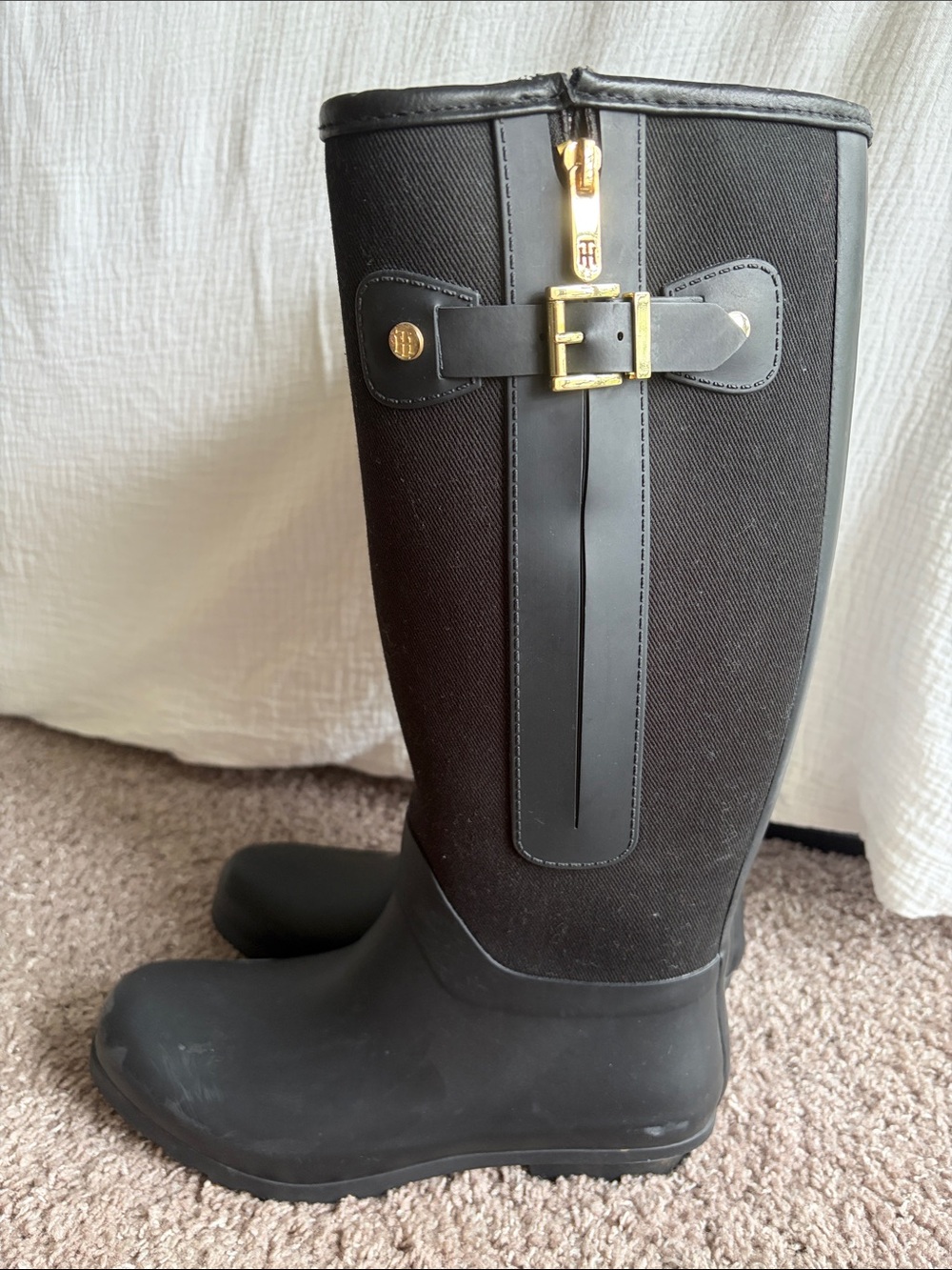 Tommy Hilfiger Tall Black Rain Boots with Gold Buckle Detail